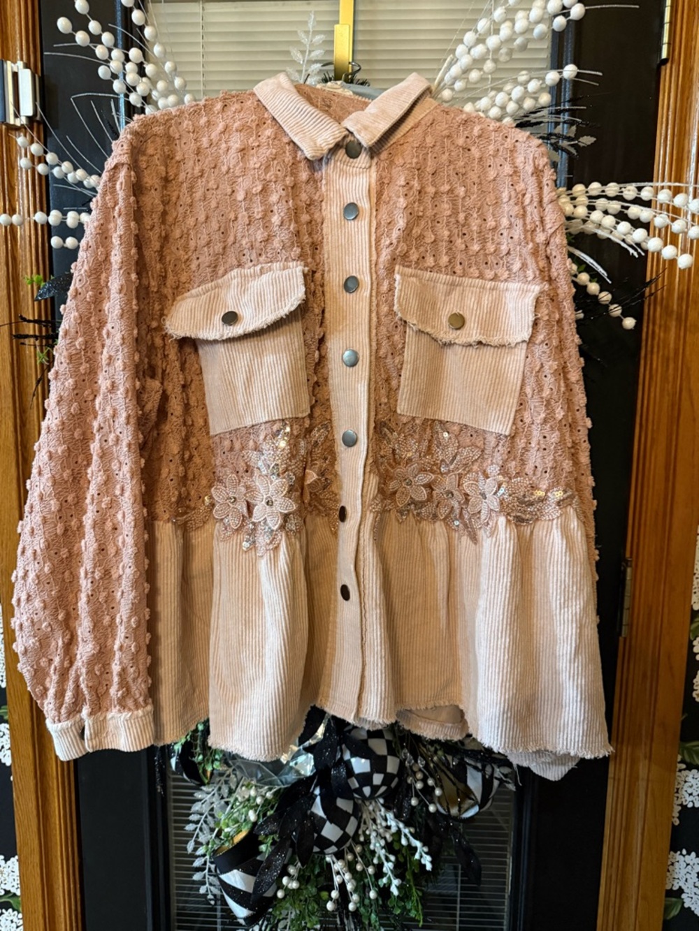 POL Blush Pink Mixed-Media Corduroy & Lace Shacket